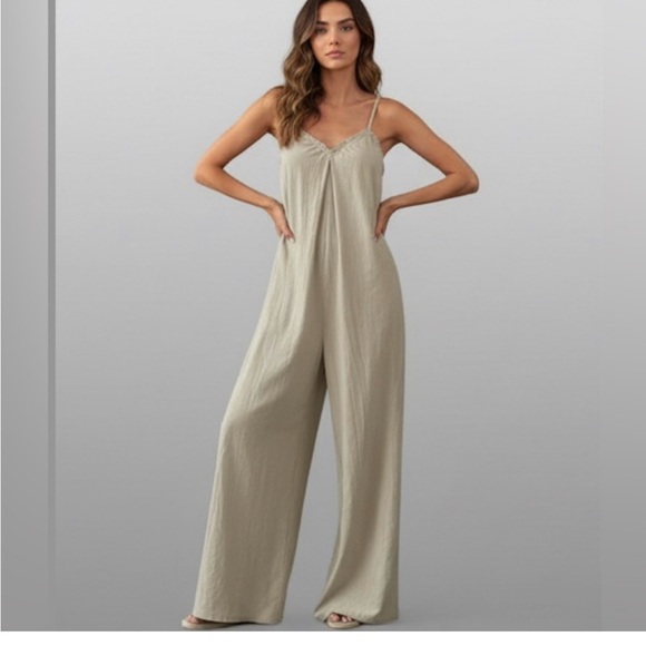 Boho Ruffle Trim Loose Fitting Wide Leg Jumpsuit - Picture 3 of 5